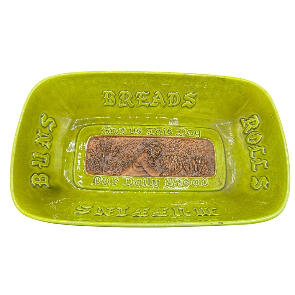 Vtg TREASURE CRAFT green Bread Roll Bun Bowl Give Us Our Daily Bread USA Pottery